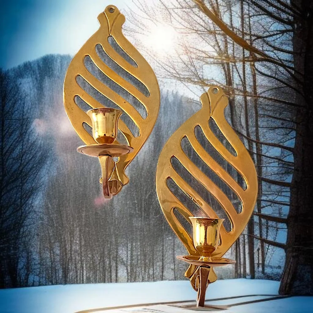2 Brass Open Work Candle Wall Sconces‎ Vtg Wall Mount Hollywood Regency Art Deco